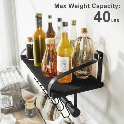 17.3"Floating Wall Shelf Solid Wood,Coffee Bar Carbonized Black