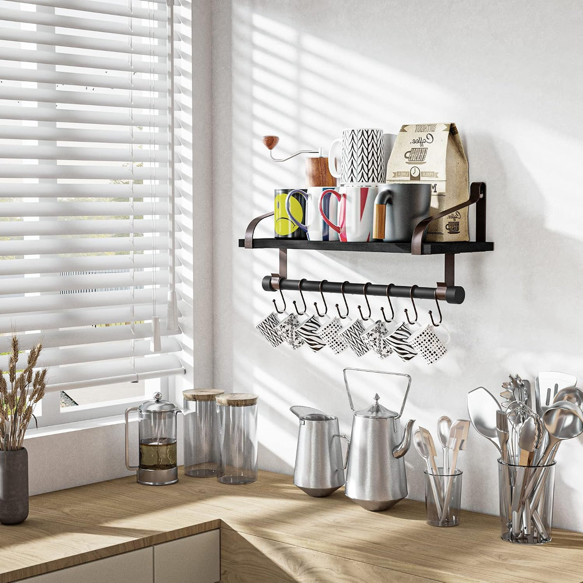 17.3"Floating Wall Shelf Solid Wood,Coffee Bar Carbonized Black
