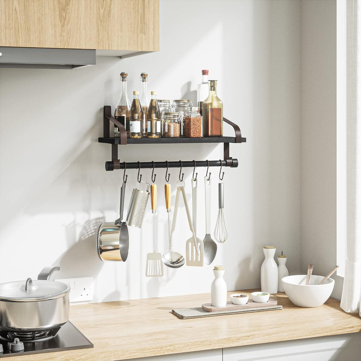 17.3"Floating Wall Shelf Solid Wood,Coffee Bar Carbonized Black