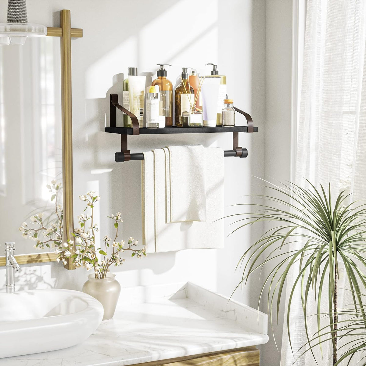 17.3"Floating Wall Shelf Solid Wood,Coffee Bar Carbonized Black