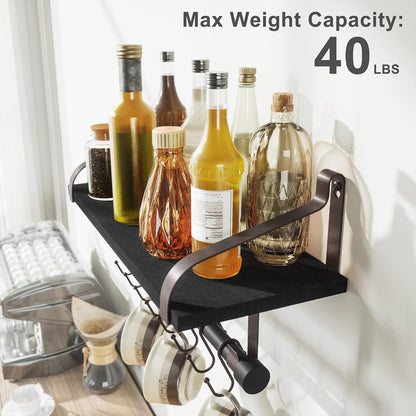 17.3"Floating Wall Shelf Solid Wood,Coffee Bar Carbonized Black