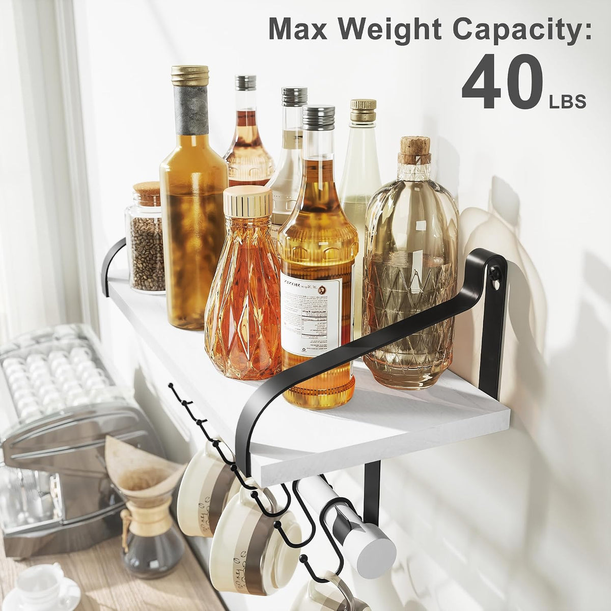 17.3"Floating Wall Shelf Solid Wood,Coffee Bar Carbonized Black