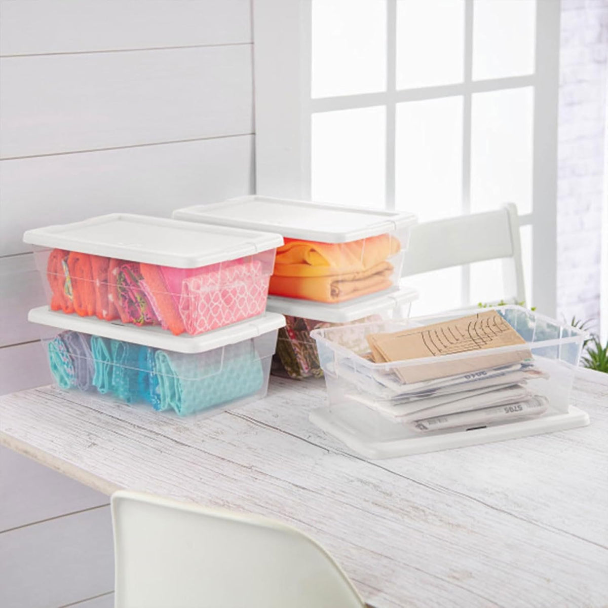 Storage Box Stackable Tote, White, 12 Quart | Clear Plastic Container with Secure Snapping Lids for Home and Office Organization