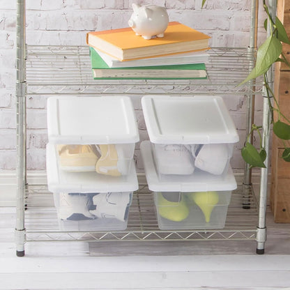 Storage Box Stackable Tote, White, 12 Quart | Clear Plastic Container with Secure Snapping Lids for Home and Office Organization
