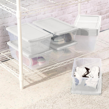 Storage Box Stackable Tote, White, 12 Quart | Clear Plastic Container with Secure Snapping Lids for Home and Office Organization