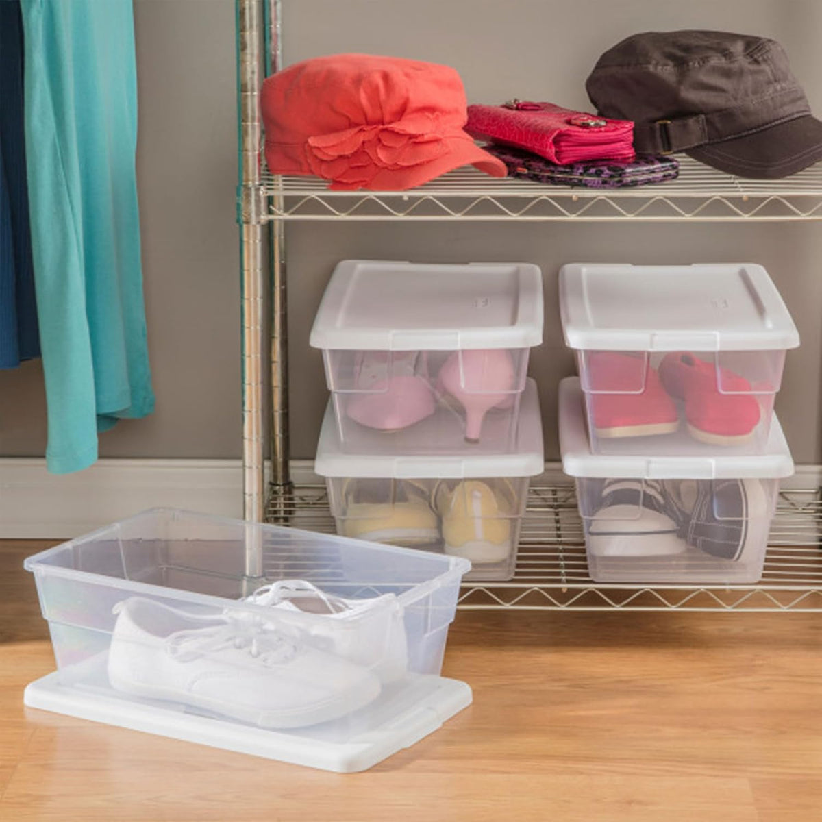 Storage Box Stackable Tote, White, 12 Quart | Clear Plastic Container with Secure Snapping Lids for Home and Office Organization