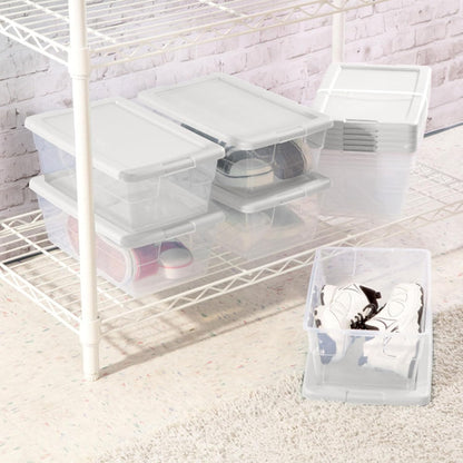 Storage Box Stackable Tote, White, 12 Quart | Clear Plastic Container with Secure Snapping Lids for Home and Office Organization