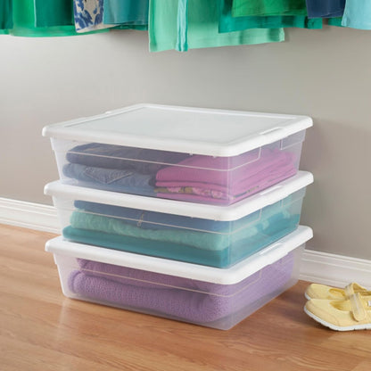 Storage Box Stackable Tote, White, 12 Quart | Clear Plastic Container with Secure Snapping Lids for Home and Office Organization