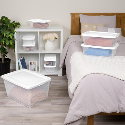 Storage Box Stackable Tote, White, 12 Quart | Clear Plastic Container with Secure Snapping Lids for Home and Office Organization