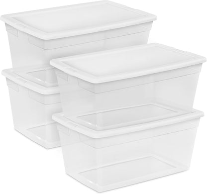 Storage Box Stackable Tote, White, 12 Quart | Clear Plastic Container with Secure Snapping Lids for Home and Office Organization