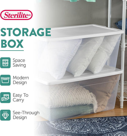 Storage Box Stackable Tote, White, 12 Quart | Clear Plastic Container with Secure Snapping Lids for Home and Office Organization