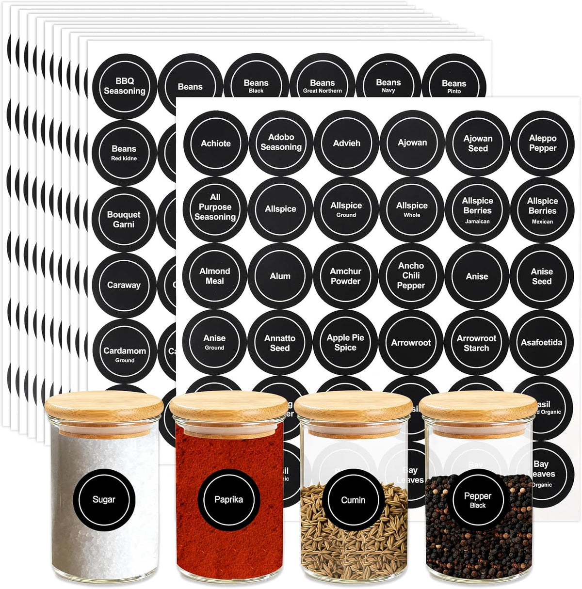 Spice Labels, 432 Pcs Self-Adhensive Round Spice Jar Labels, 1.5 In Waterproof Preprinted Chalkboard Style Tear Resistant Labels Stickers for Kitchen Food Pantry Glass Spices Jars Seasoning Containers