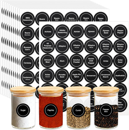 Spice Labels, 432 Pcs Self-Adhensive Round Spice Jar Labels, 1.5 In Waterproof Preprinted Chalkboard Style Tear Resistant Labels Stickers for Kitchen Food Pantry Glass Spices Jars Seasoning Containers