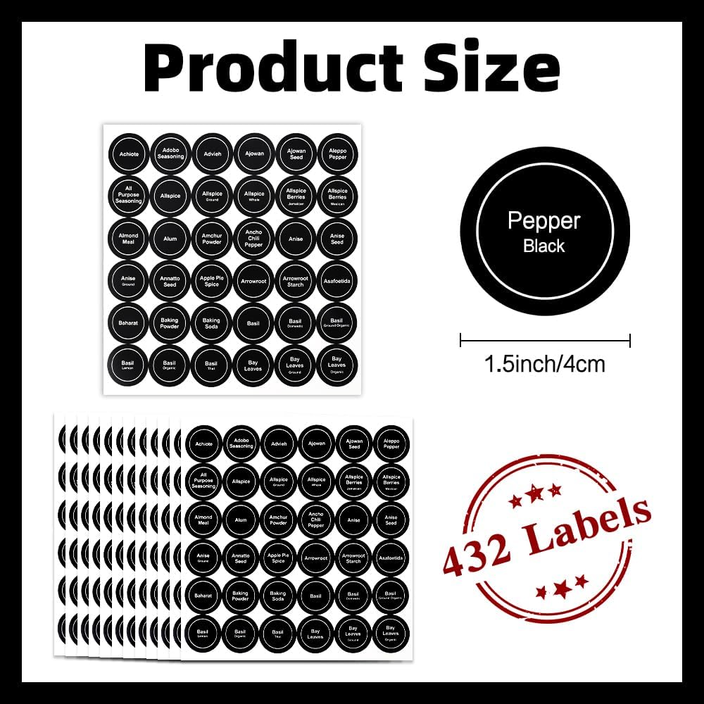 Spice Labels, 432 Pcs Self-Adhensive Round Spice Jar Labels, 1.5 In Waterproof Preprinted Chalkboard Style Tear Resistant Labels Stickers for Kitchen Food Pantry Glass Spices Jars Seasoning Containers