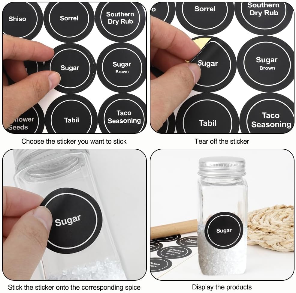 Spice Labels, 432 Pcs Self-Adhensive Round Spice Jar Labels, 1.5 In Waterproof Preprinted Chalkboard Style Tear Resistant Labels Stickers for Kitchen Food Pantry Glass Spices Jars Seasoning Containers