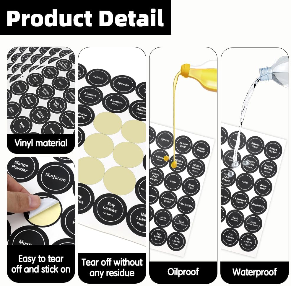 Spice Labels, 432 Pcs Self-Adhensive Round Spice Jar Labels, 1.5 In Waterproof Preprinted Chalkboard Style Tear Resistant Labels Stickers for Kitchen Food Pantry Glass Spices Jars Seasoning Containers