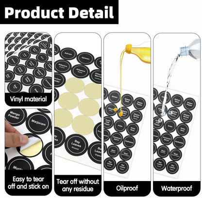 Spice Labels, 432 Pcs Self-Adhensive Round Spice Jar Labels, 1.5 In Waterproof Preprinted Chalkboard Style Tear Resistant Labels Stickers for Kitchen Food Pantry Glass Spices Jars Seasoning Containers