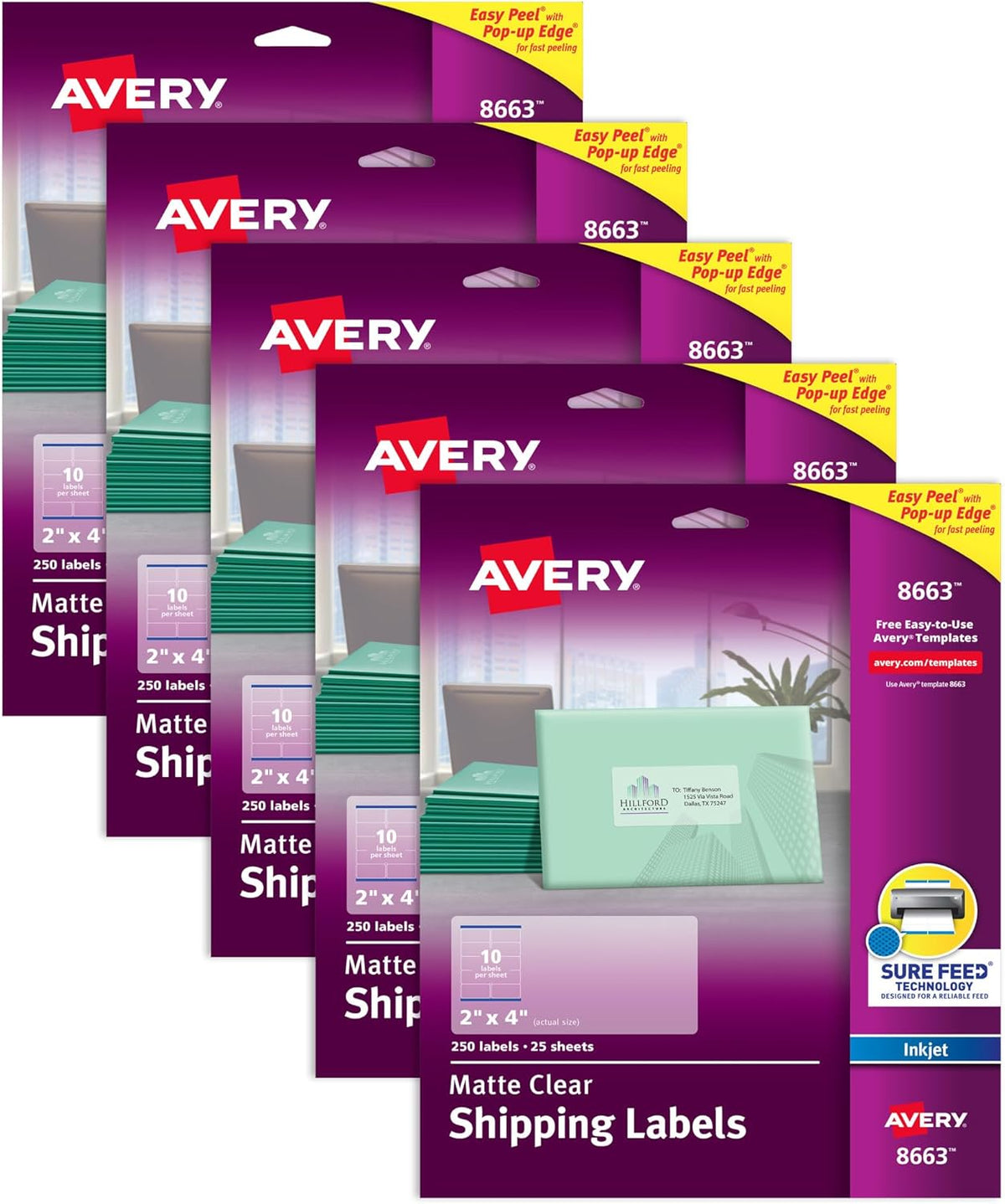 Printable Shipping Labels with Sure Feed, 2" x 4" Customizable Stickers, Matte Clear, 250 Blank Mailing Labels, Great for Mailing, Shipping, and More (8663)
