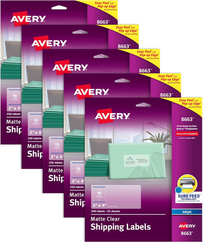 Printable Shipping Labels with Sure Feed, 2" x 4" Customizable Stickers, Matte Clear, 250 Blank Mailing Labels, Great for Mailing, Shipping, and More (8663)