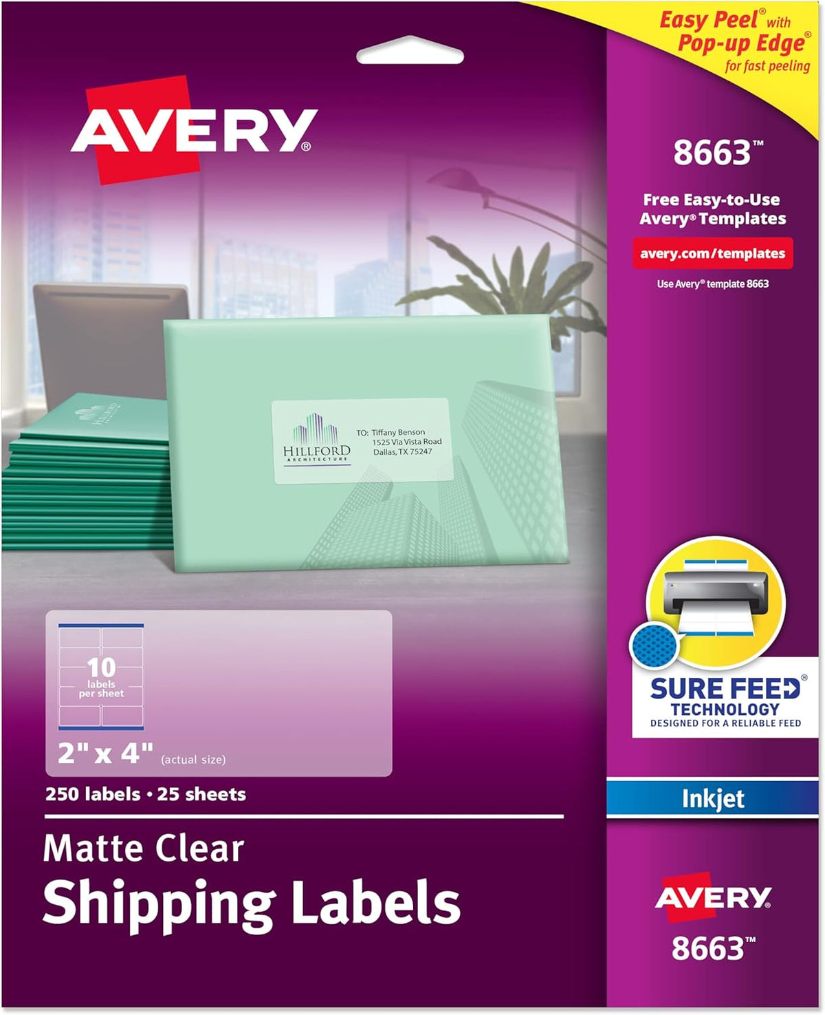 Printable Shipping Labels with Sure Feed, 2" x 4" Customizable Stickers, Matte Clear, 250 Blank Mailing Labels, Great for Mailing, Shipping, and More (8663)