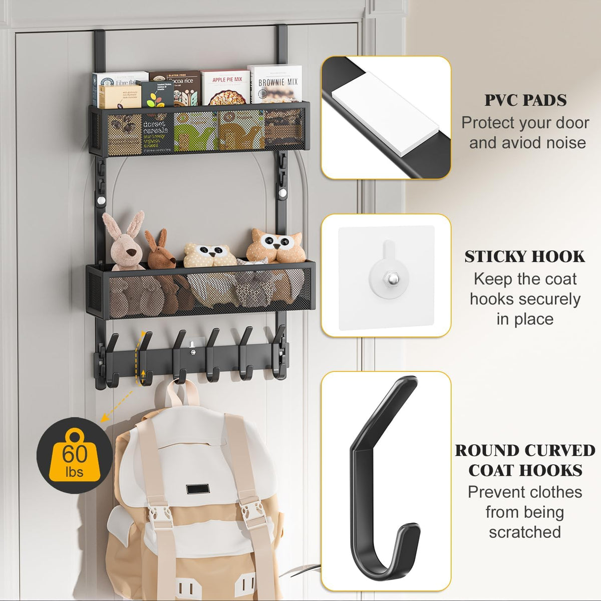 Over The Door Hooks Organizer,Door Hanger with 10 Hooks & 2 Basket
