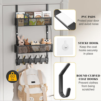 Over The Door Hooks Organizer,Door Hanger with 10 Hooks & 2 Basket