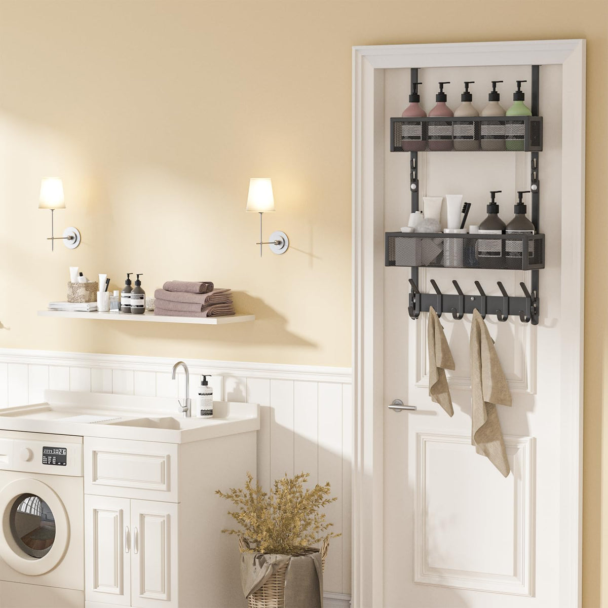 Over The Door Hooks Organizer,Door Hanger with 10 Hooks & 2 Basket