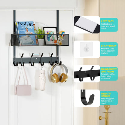 Over The Door Hooks Organizer,Door Hanger with 10 Hooks & 2 Basket