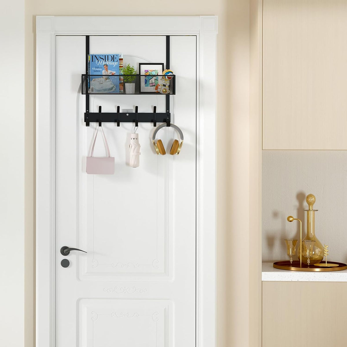 Over The Door Hooks Organizer,Door Hanger with 10 Hooks & 2 Basket