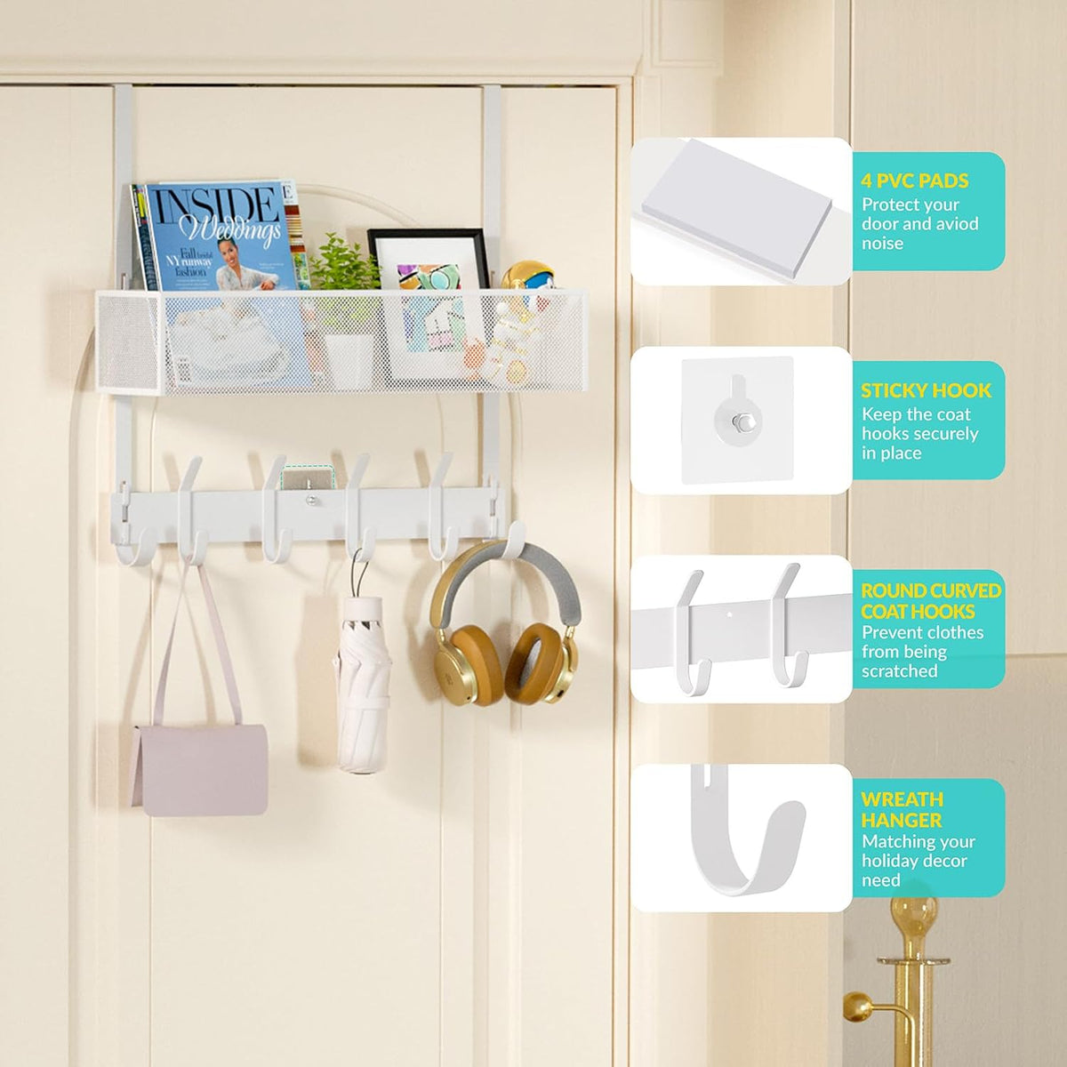 Over The Door Hooks Organizer,Door Hanger with 10 Hooks & 2 Basket