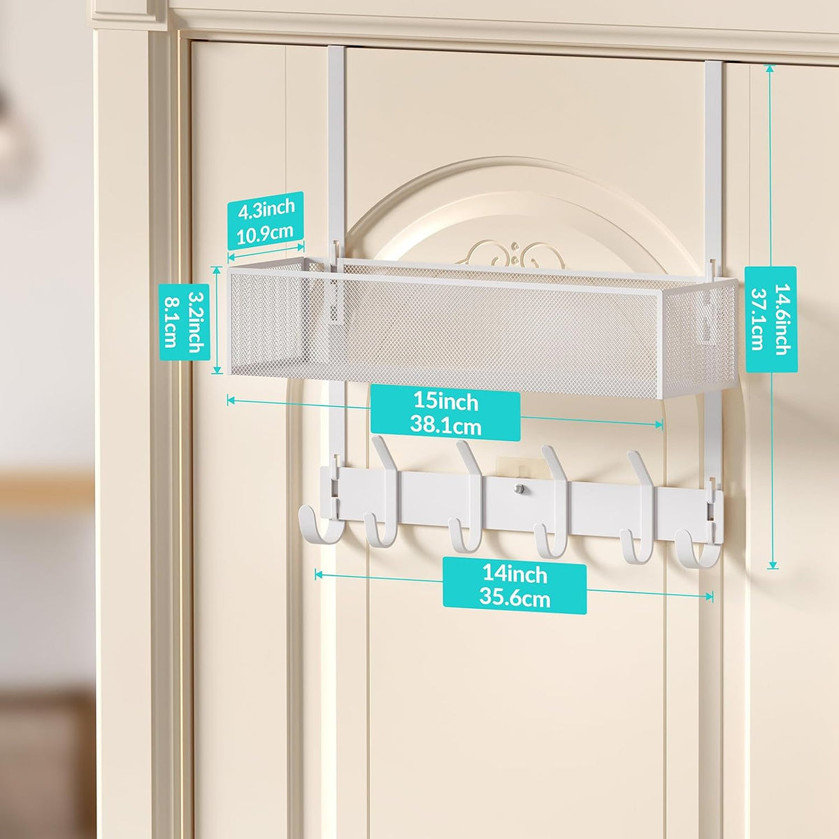 Over The Door Hooks Organizer,Door Hanger with 10 Hooks & 2 Basket
