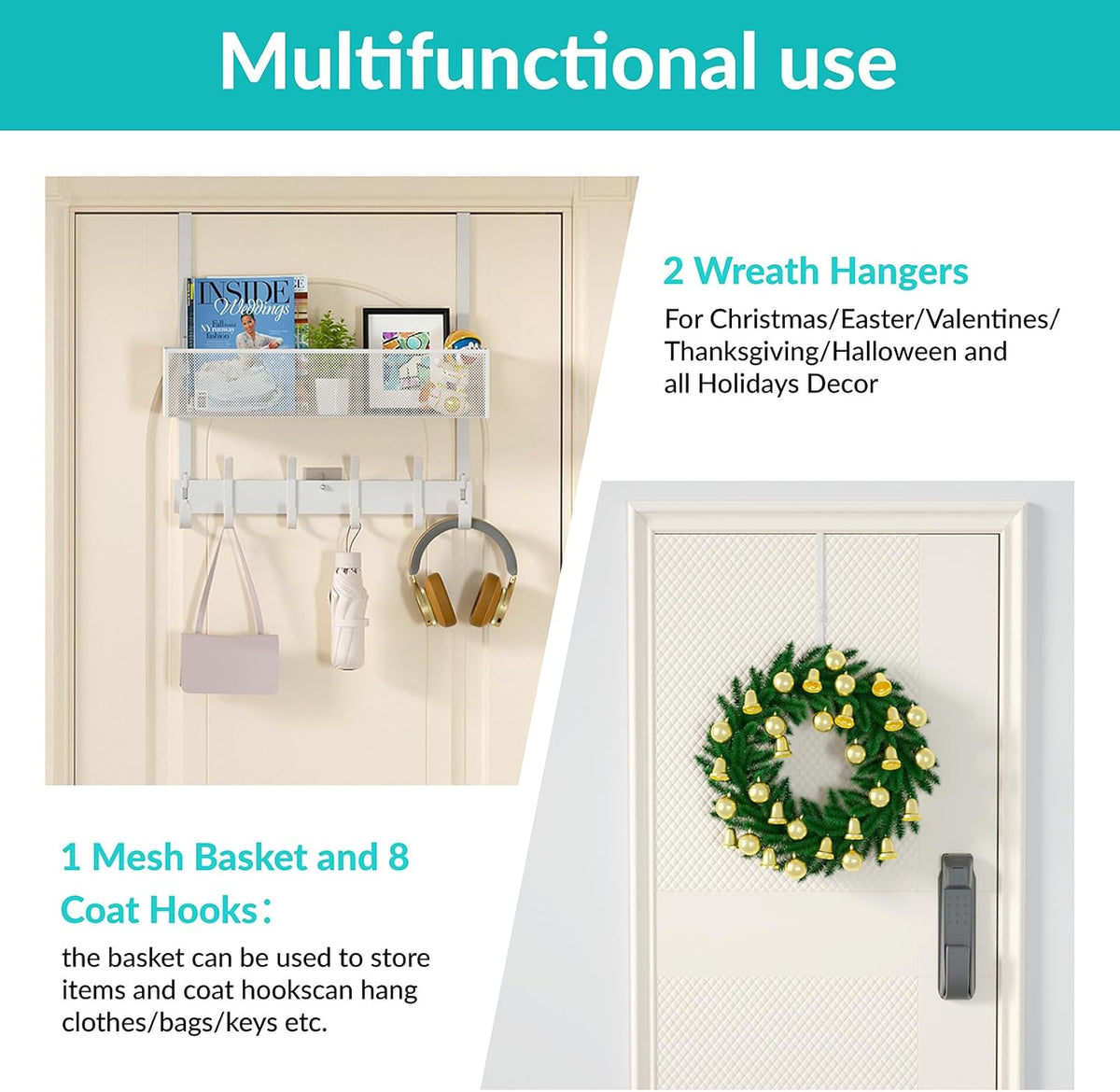 Over The Door Hooks Organizer,Door Hanger with 10 Hooks & 2 Basket