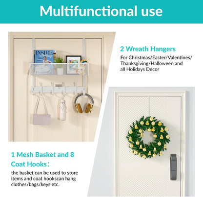 Over The Door Hooks Organizer,Door Hanger with 10 Hooks & 2 Basket
