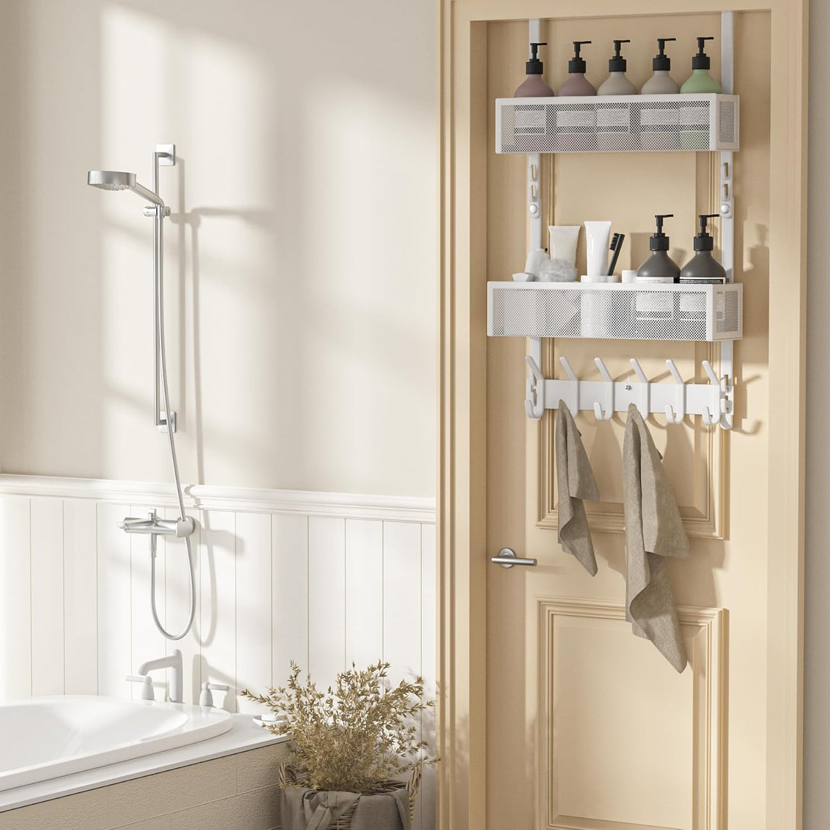 Over The Door Hooks Organizer,Door Hanger with 10 Hooks & 2 Basket