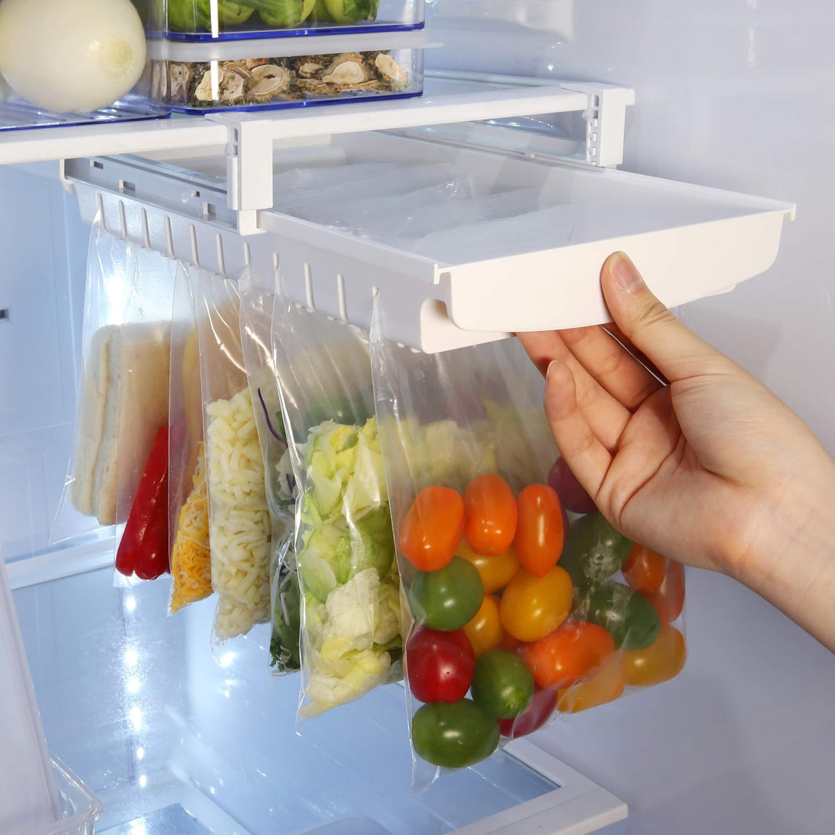 Zipper Bag Organizer for Fridge Freezer Refrigerator - Best Solution to Clean and Organize Zipper Bag Tray Zipper bag Holder Rack Hanger