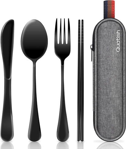 Travel Utensils with Case, Portable Silverware Set for Work, Stainless Steel Reusable Travel Cutlery Set, Fork and Spoon Set for Camping, Picnic, Gadgets, Lunch Box for Men, Black