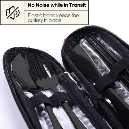 Travel Utensils with Case, Portable Silverware Set for Work, Stainless Steel Reusable Travel Cutlery Set, Fork and Spoon Set for Camping, Picnic, Gadgets, Lunch Box for Men, Black