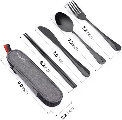 Travel Utensils with Case, Portable Silverware Set for Work, Stainless Steel Reusable Travel Cutlery Set, Fork and Spoon Set for Camping, Picnic, Gadgets, Lunch Box for Men, Black