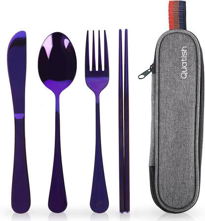 Travel Utensils with Case, Portable Silverware Set for Work, Stainless Steel Reusable Travel Cutlery Set, Fork and Spoon Set for Camping, Picnic, Gadgets, Lunch Box for Men, Black