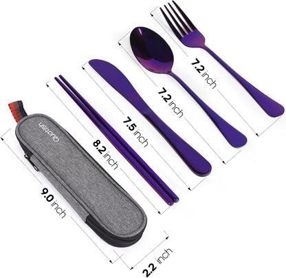 Travel Utensils with Case, Portable Silverware Set for Work, Stainless Steel Reusable Travel Cutlery Set, Fork and Spoon Set for Camping, Picnic, Gadgets, Lunch Box for Men, Black