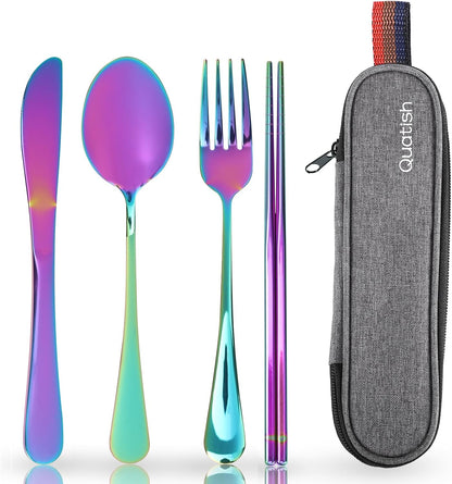 Travel Utensils with Case, Portable Silverware Set for Work, Stainless Steel Reusable Travel Cutlery Set, Fork and Spoon Set for Camping, Picnic, Gadgets, Lunch Box for Men, Black