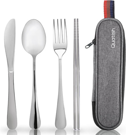 Travel Utensils with Case, Portable Silverware Set for Work, Stainless Steel Reusable Travel Cutlery Set, Fork and Spoon Set for Camping, Picnic, Gadgets, Lunch Box for Men, Black