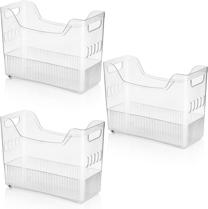 3 Pack Freezer Organizer Bins with Wheels, Clear Plastic Pantry Storage Organizer with Handle, Tall Narrow Kitchen Organization Rolling Bins for Fridge, Cabinet, Bathroom, Under Sink, Office