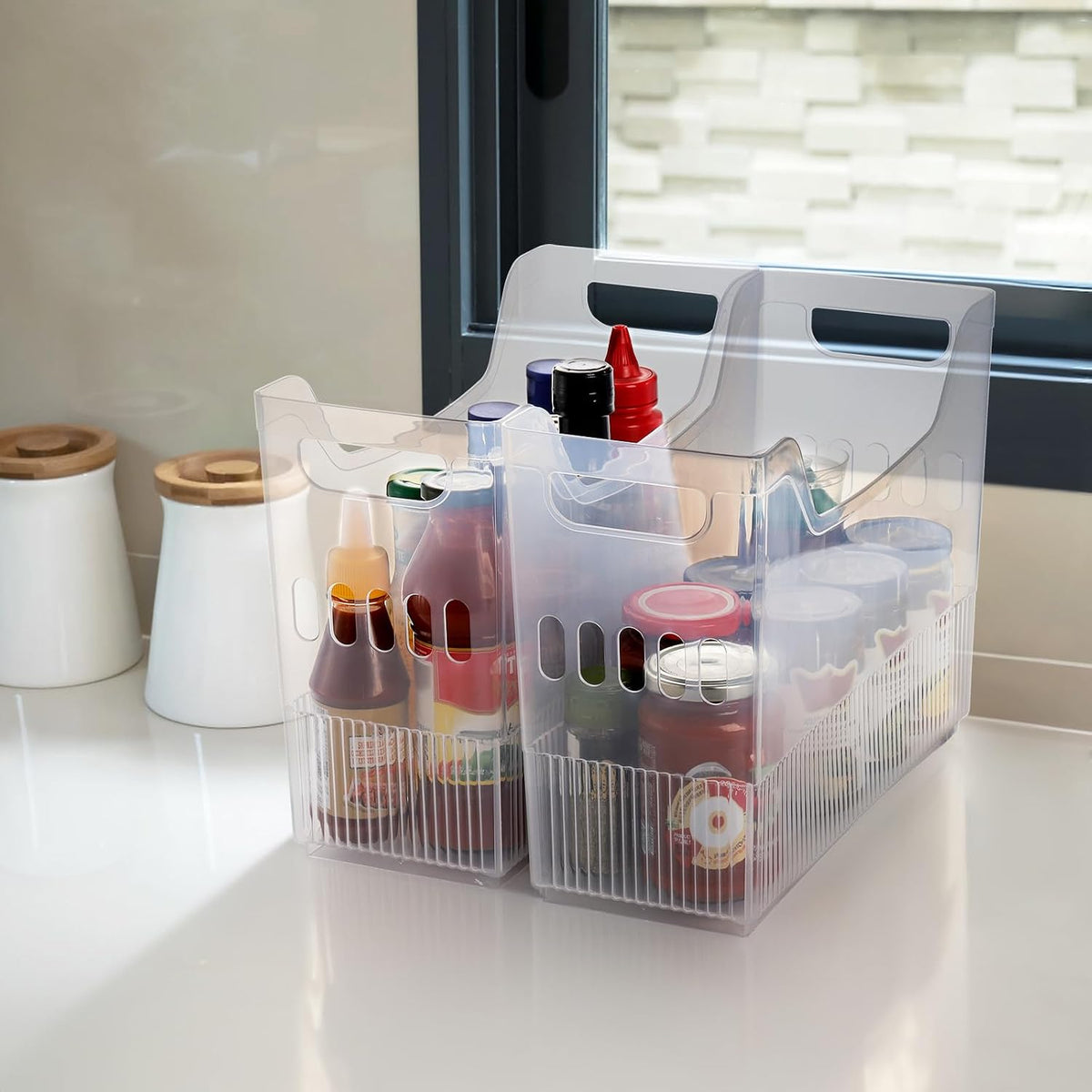 3 Pack Freezer Organizer Bins with Wheels, Clear Plastic Pantry Storage Organizer with Handle, Tall Narrow Kitchen Organization Rolling Bins for Fridge, Cabinet, Bathroom, Under Sink, Office