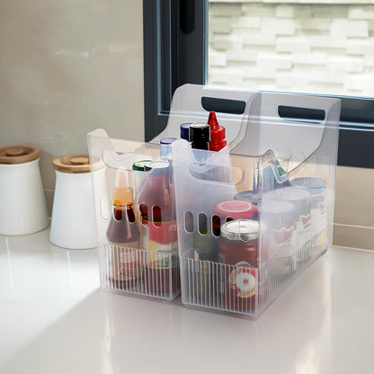 3 Pack Freezer Organizer Bins with Wheels, Clear Plastic Pantry Storage Organizer with Handle, Tall Narrow Kitchen Organization Rolling Bins for Fridge, Cabinet, Bathroom, Under Sink, Office