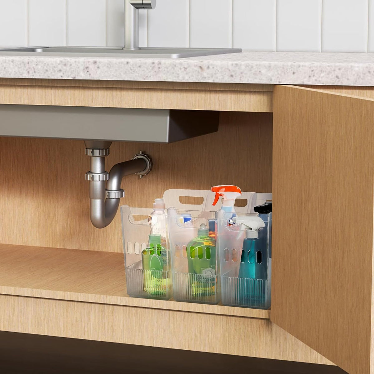 3 Pack Freezer Organizer Bins with Wheels, Clear Plastic Pantry Storage Organizer with Handle, Tall Narrow Kitchen Organization Rolling Bins for Fridge, Cabinet, Bathroom, Under Sink, Office
