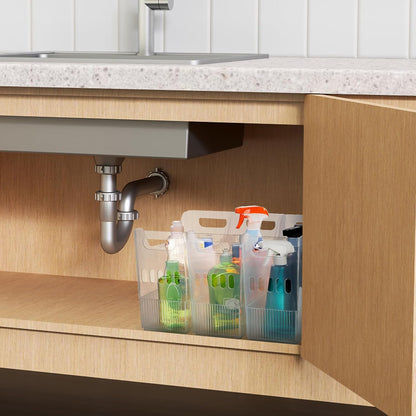 3 Pack Freezer Organizer Bins with Wheels, Clear Plastic Pantry Storage Organizer with Handle, Tall Narrow Kitchen Organization Rolling Bins for Fridge, Cabinet, Bathroom, Under Sink, Office