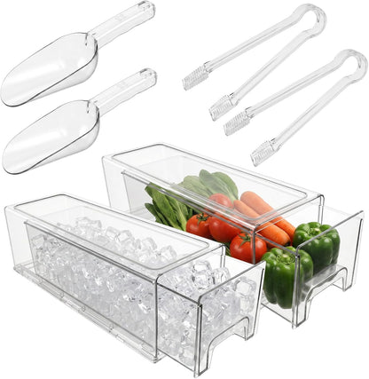 2 Pcs Large Stackable Ice Bucket for freezer with Front Slide-Out Drawer and Freezer, Scoop & Tongs Set Ice Holder for Home Office Fridge Storage(13.7x 4.7x 4.3in)