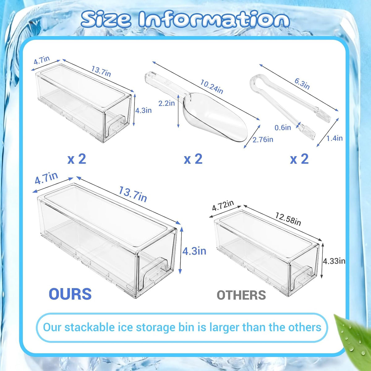2 Pcs Large Stackable Ice Bucket for freezer with Front Slide-Out Drawer and Freezer, Scoop & Tongs Set Ice Holder for Home Office Fridge Storage(13.7x 4.7x 4.3in)