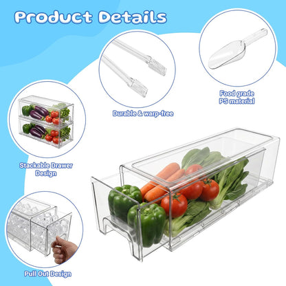 2 Pcs Large Stackable Ice Bucket for freezer with Front Slide-Out Drawer and Freezer, Scoop & Tongs Set Ice Holder for Home Office Fridge Storage(13.7x 4.7x 4.3in)